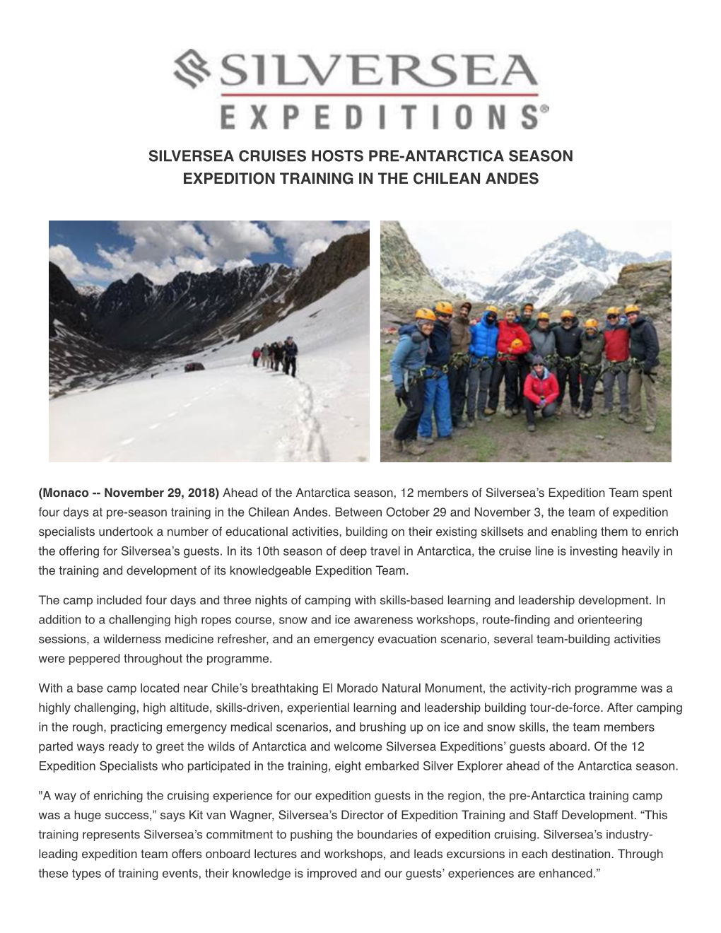 Silversea Cruises Hosts Pre-Antarctica Season Expedition Training in the Chilean Andes