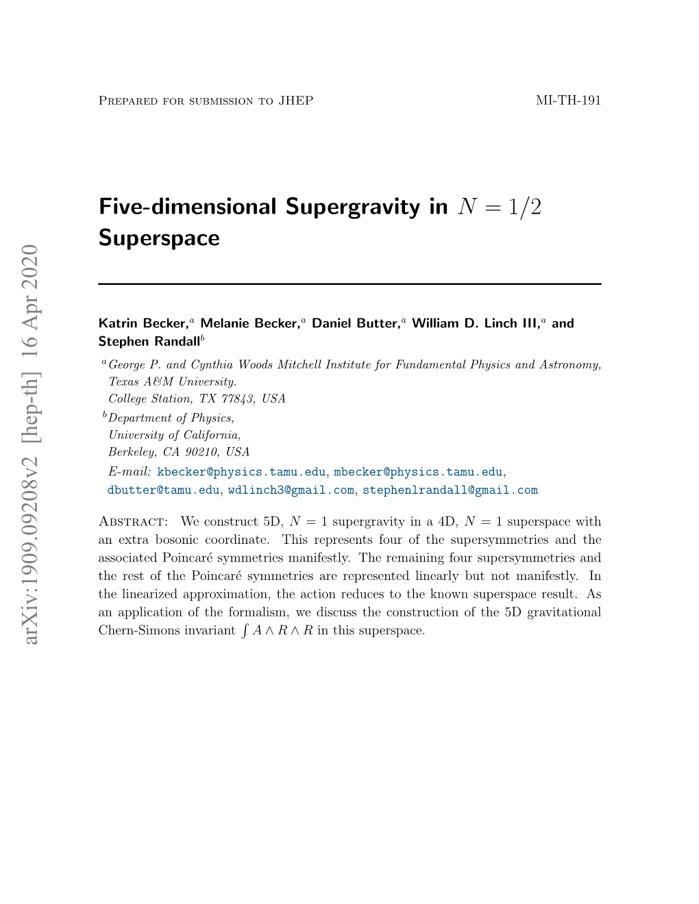 Five-Dimensional Supergravity in N = 1/2 Superspace