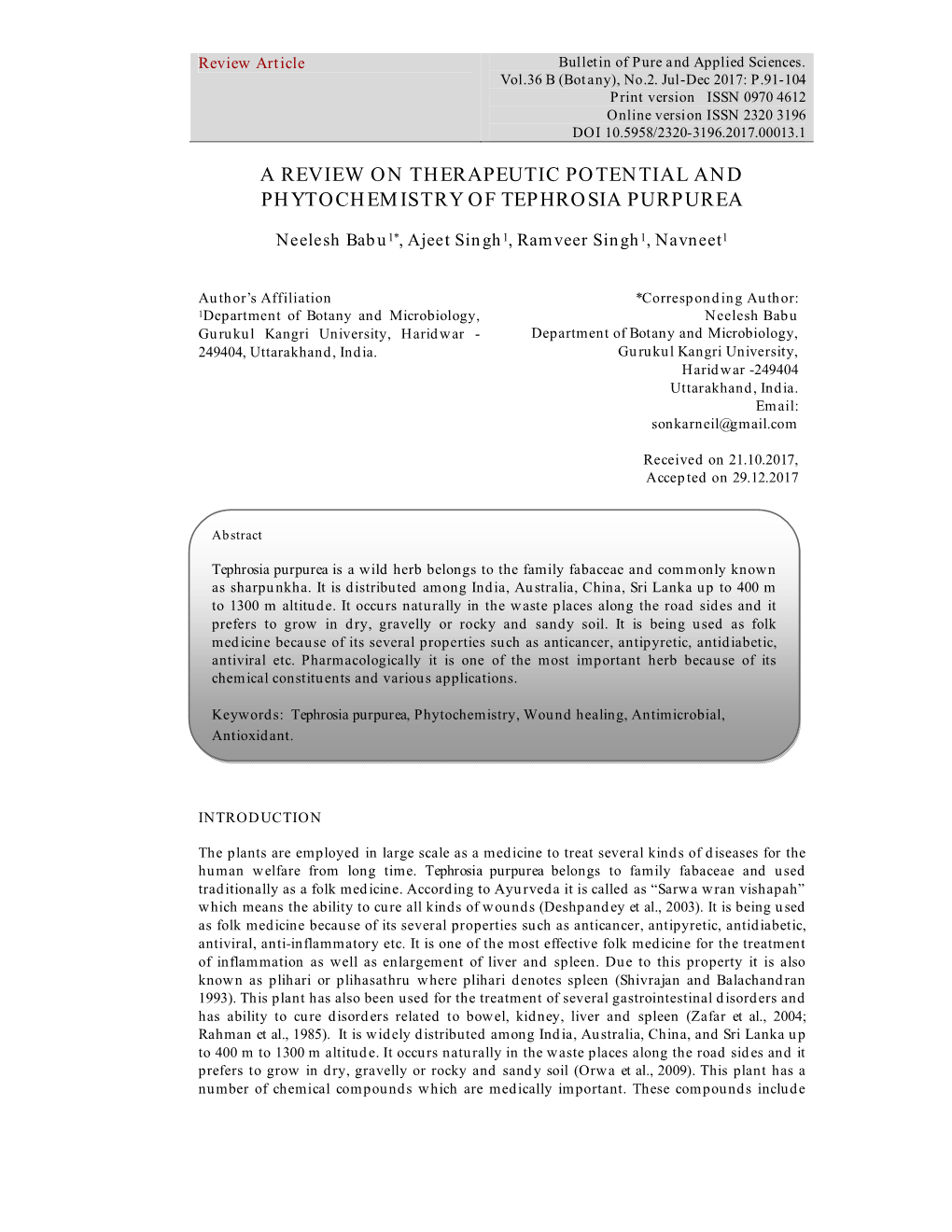 A Review on Therapeutic Potential and Phytochemistry of Tephrosia Purpurea