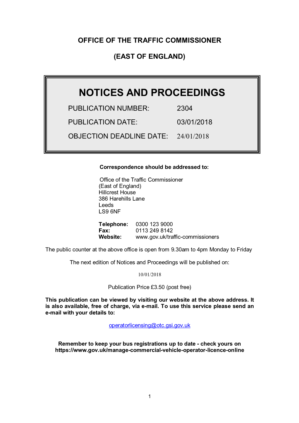 Notices and Proceedings 2304: Office of the Traffic Commissioner, East of England