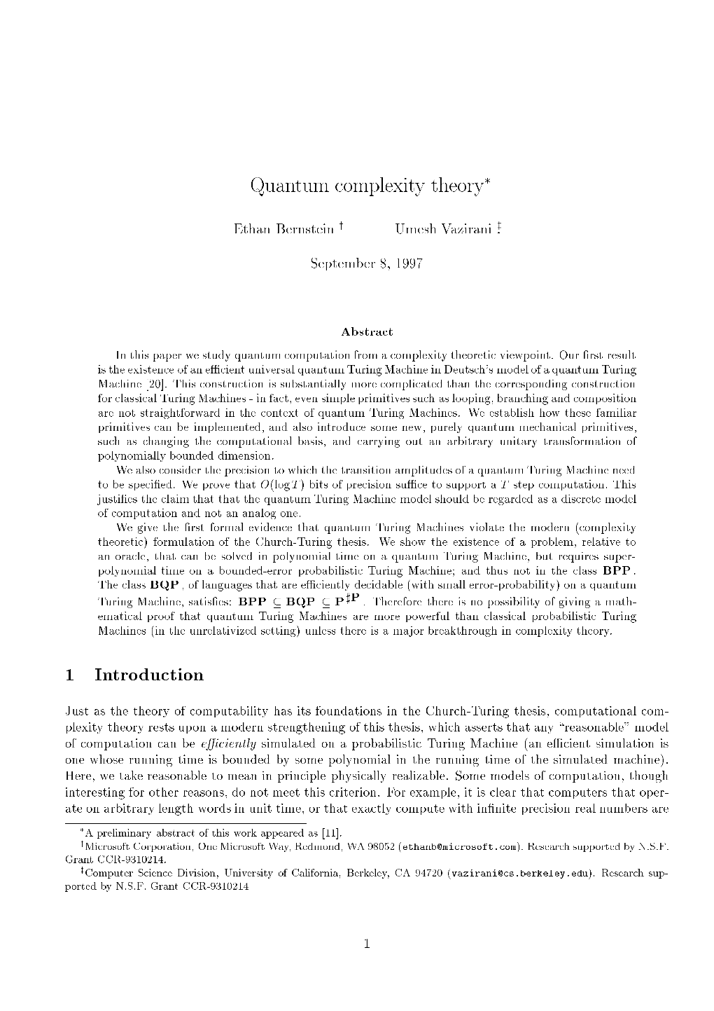 Quantum Complexity Theory 1 Introduction