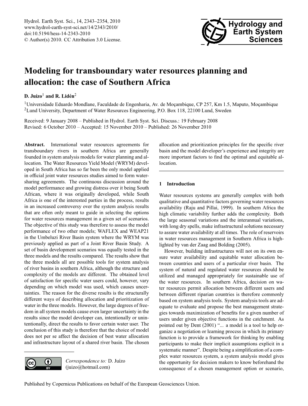 Modeling for Transboundary Water Resources Planning and Allocation: the Case of Southern Africa