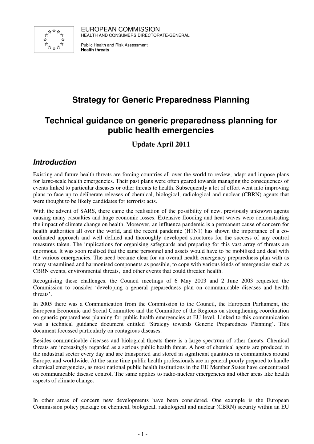 Strategy for Generic Preparedness Planning Technical Guidance On