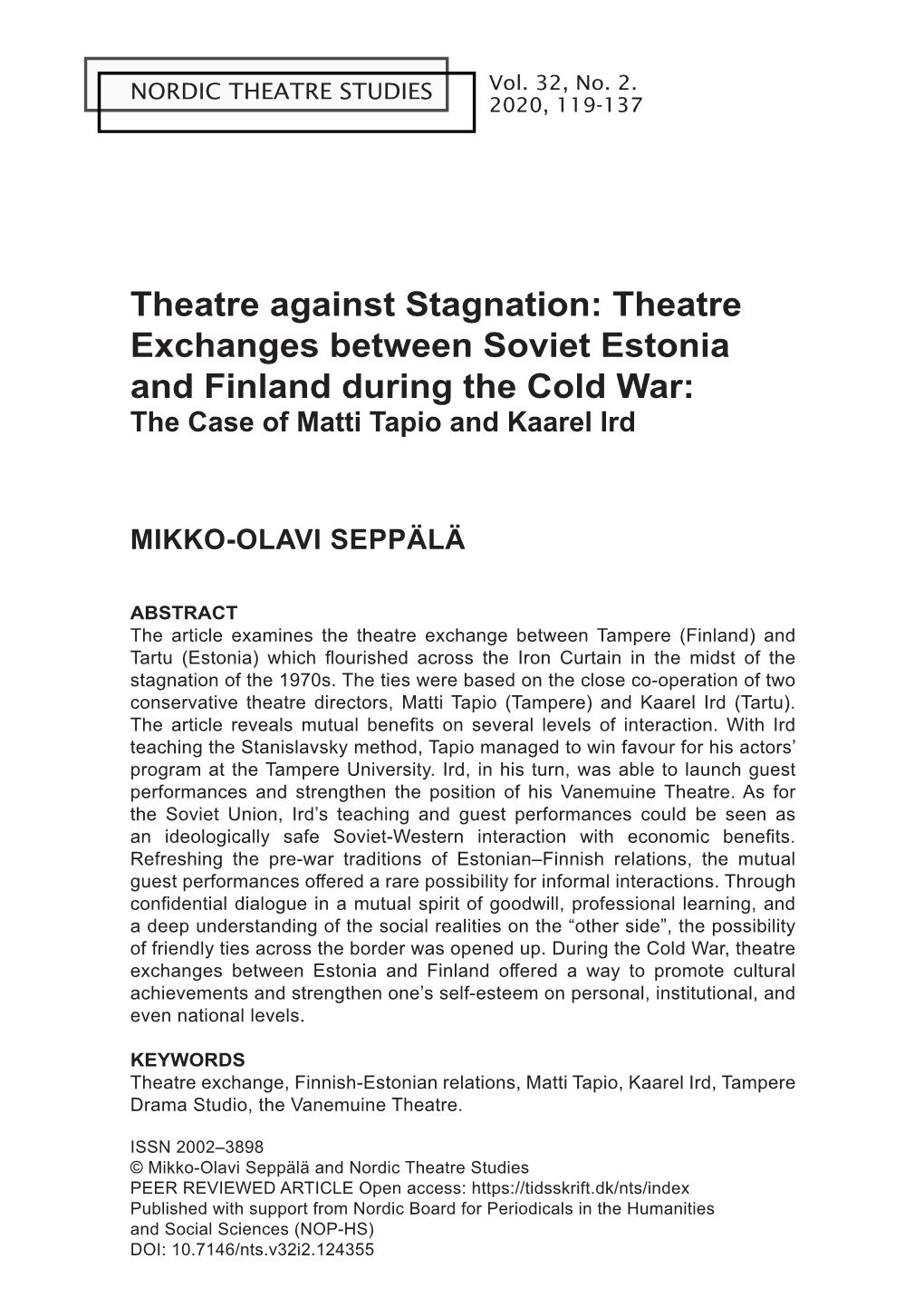 Theatre Exchanges Between Soviet Estonia and Finland During the Cold War: the Case of Matti Tapio and Kaarel Ird