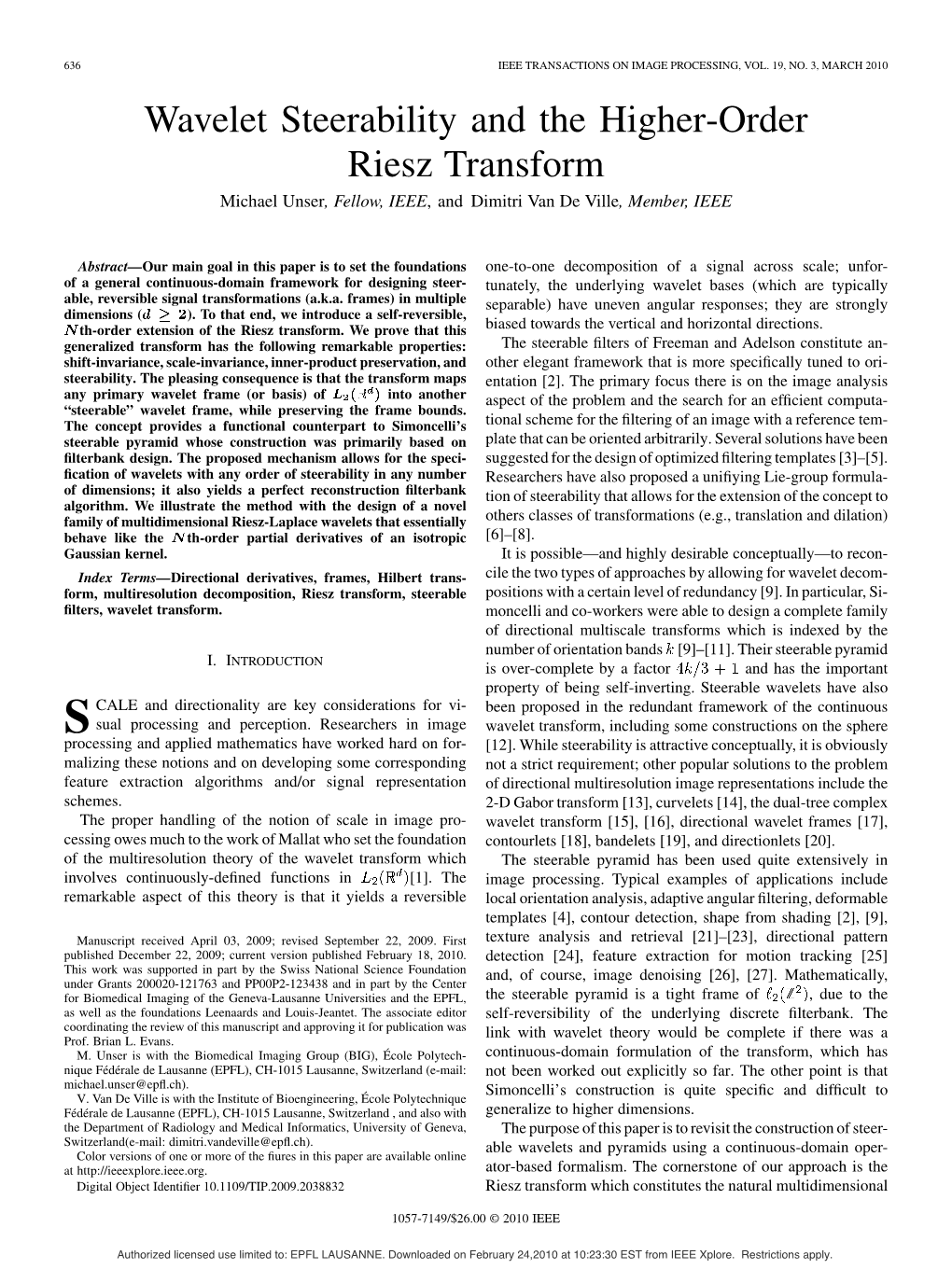 Wavelet Steerability and the Higher-Order Riesz Transform Michael Unser, Fellow, IEEE, and Dimitri Van De Ville, Member, IEEE