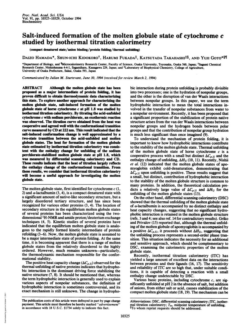 Salt-Induced Formation of the Molten Globule State of Cytochrome C