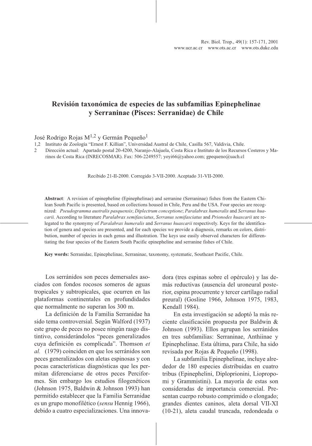 Revisión Taxonómica De Especies De Las Subfamilias Epinephelinae Y Serraninae (Pisces: Serranidae) De Chile