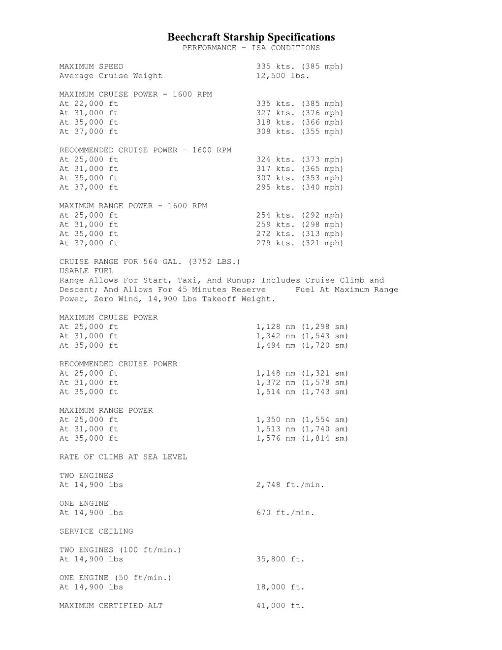 Beechcraft Starship Specifications PERFORMANCE - ISA CONDITIONS