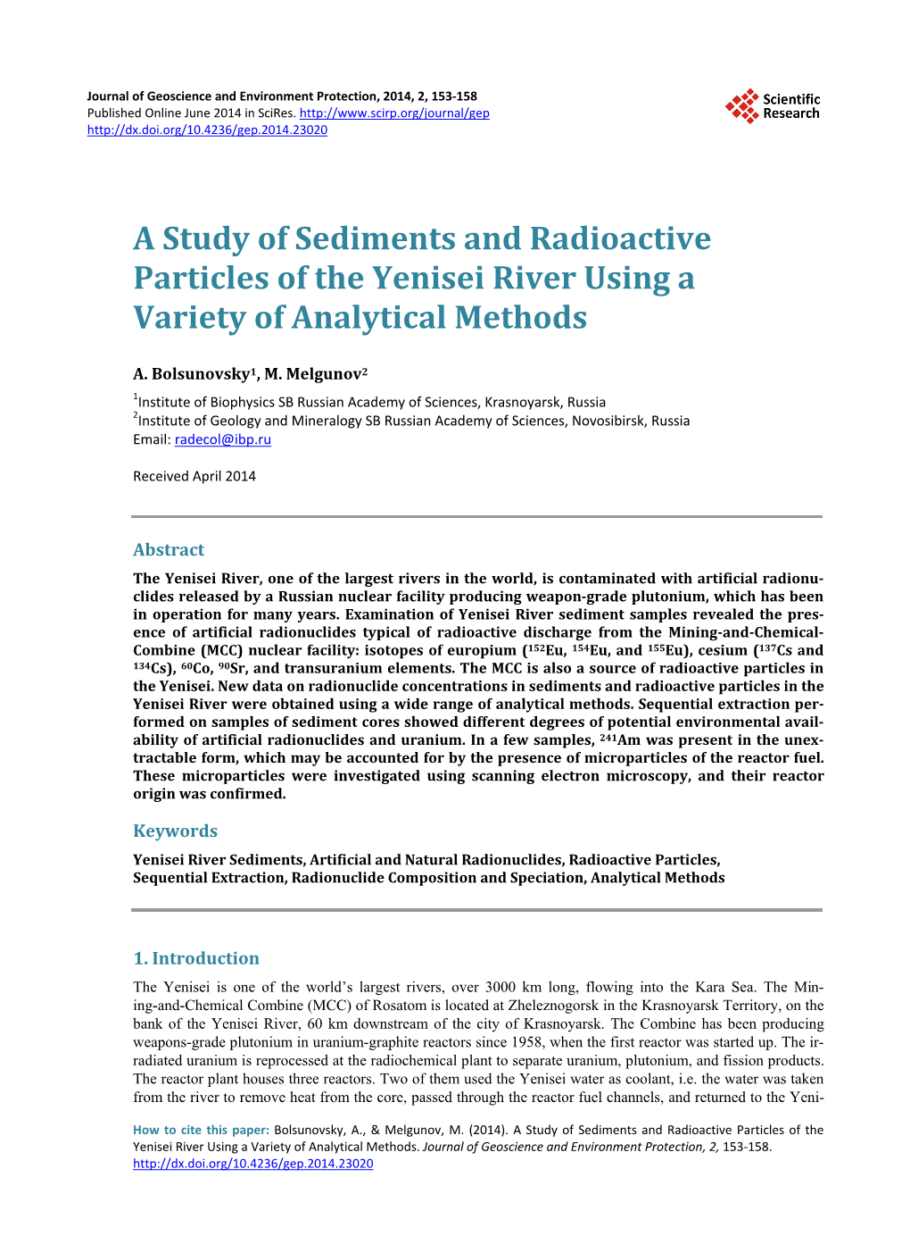 A Study of Sediments and Radioactive Particles of the Yenisei River Using a Variety of Analytical Methods