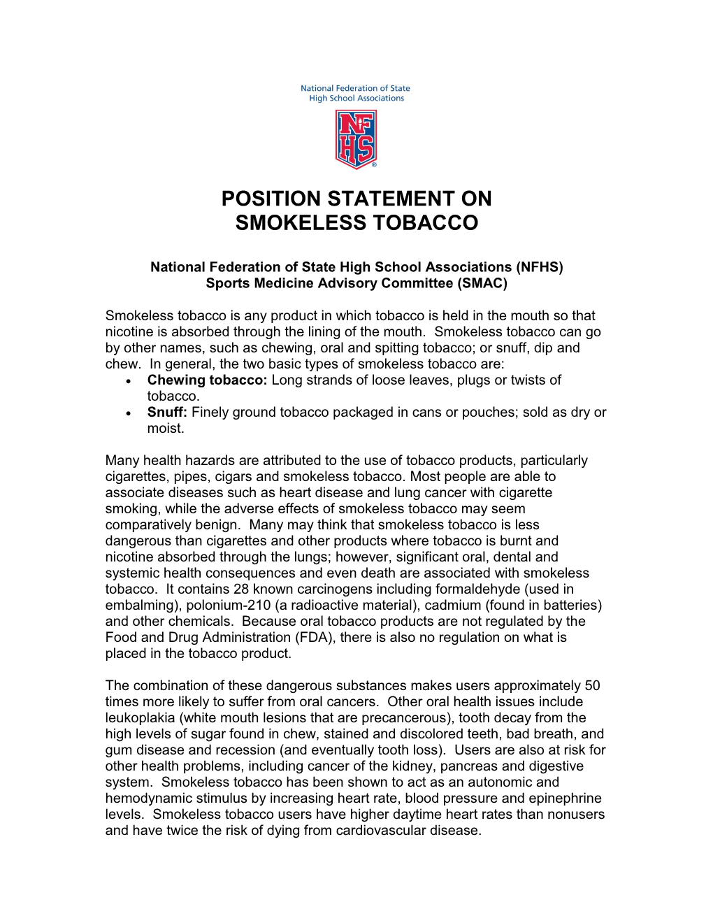 Position Statement on Smokeless Tobacco