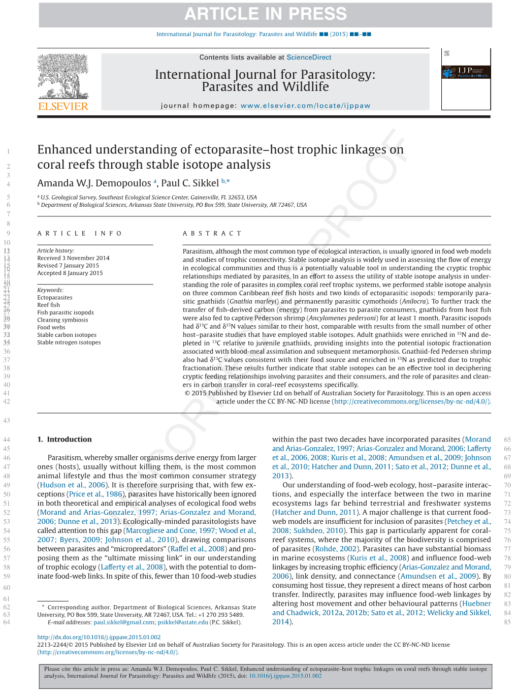 Enhanced Understanding of Ectoparasite–Host Trophic Linkages on 2 Coral Reefs Through Stable Isotope Analysis 3 4 Q2 Amanda W.J