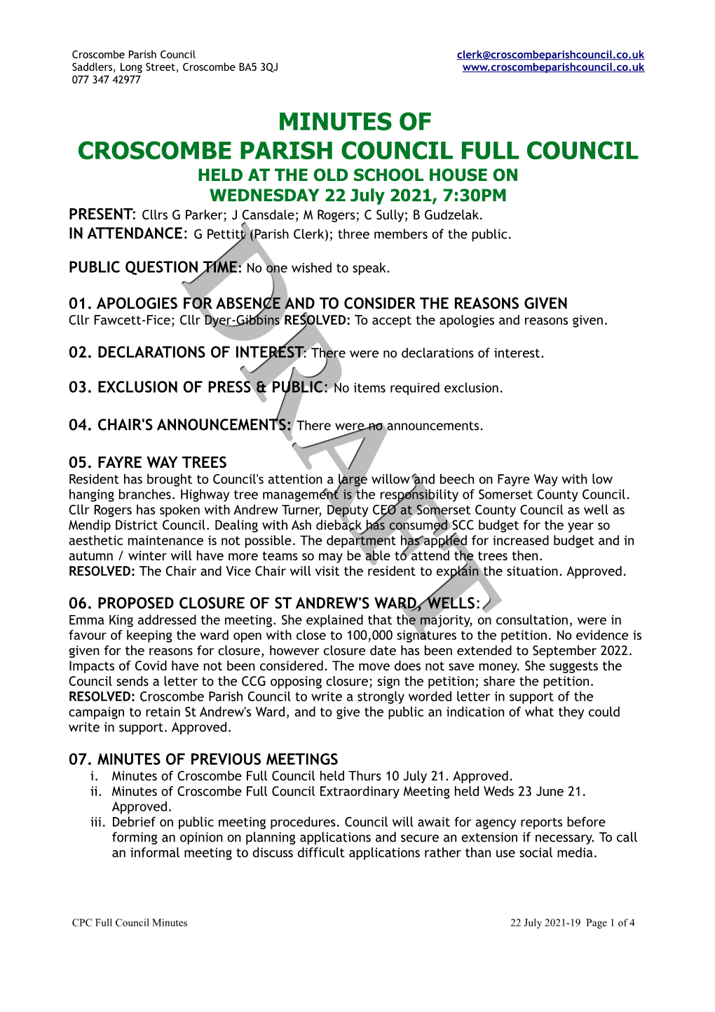 Minutes of Croscombe Parish Council Full Council