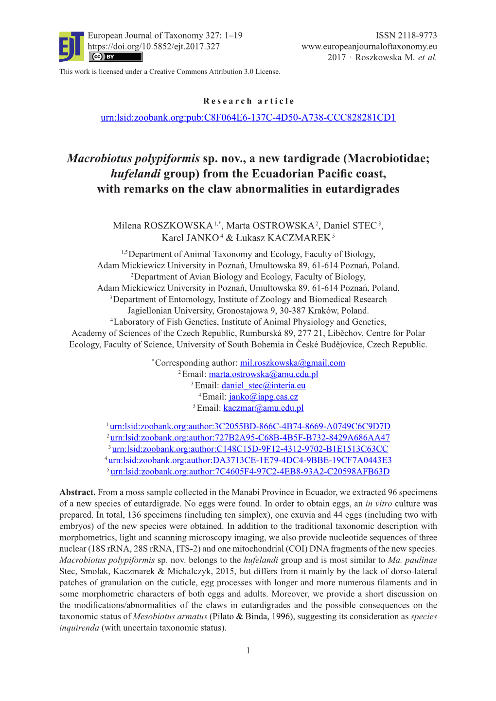 Macrobiotus Polypiformis Sp. Nov., a New Tardigrade (Macrobiotidae