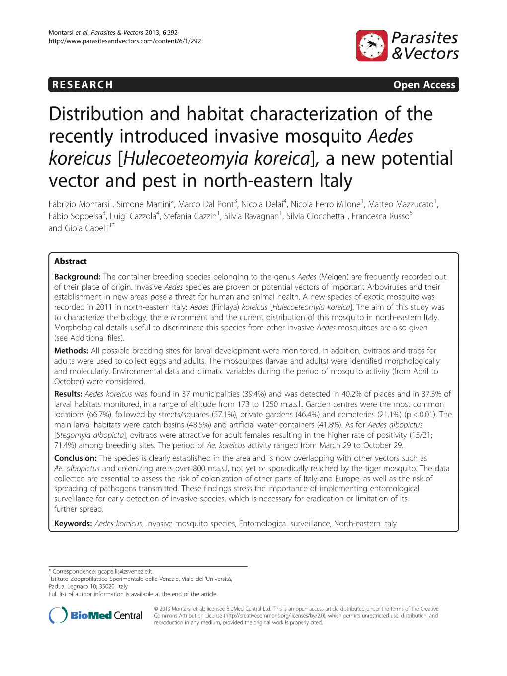 Distribution and Habitat Characterization of the Recently Introduced Invasive Mosquito Aedes Koreicus [Hulecoeteomyia Koreica]