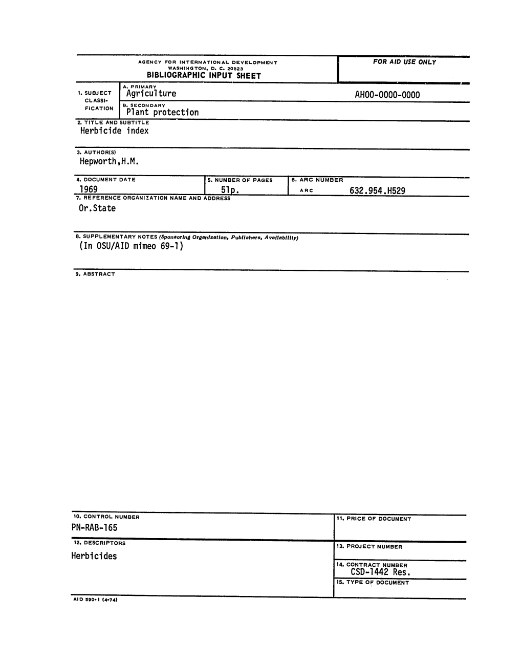 Agriculture AHOO-0000-0000 Plant Protection 1969 I 51P. 632.954.H529