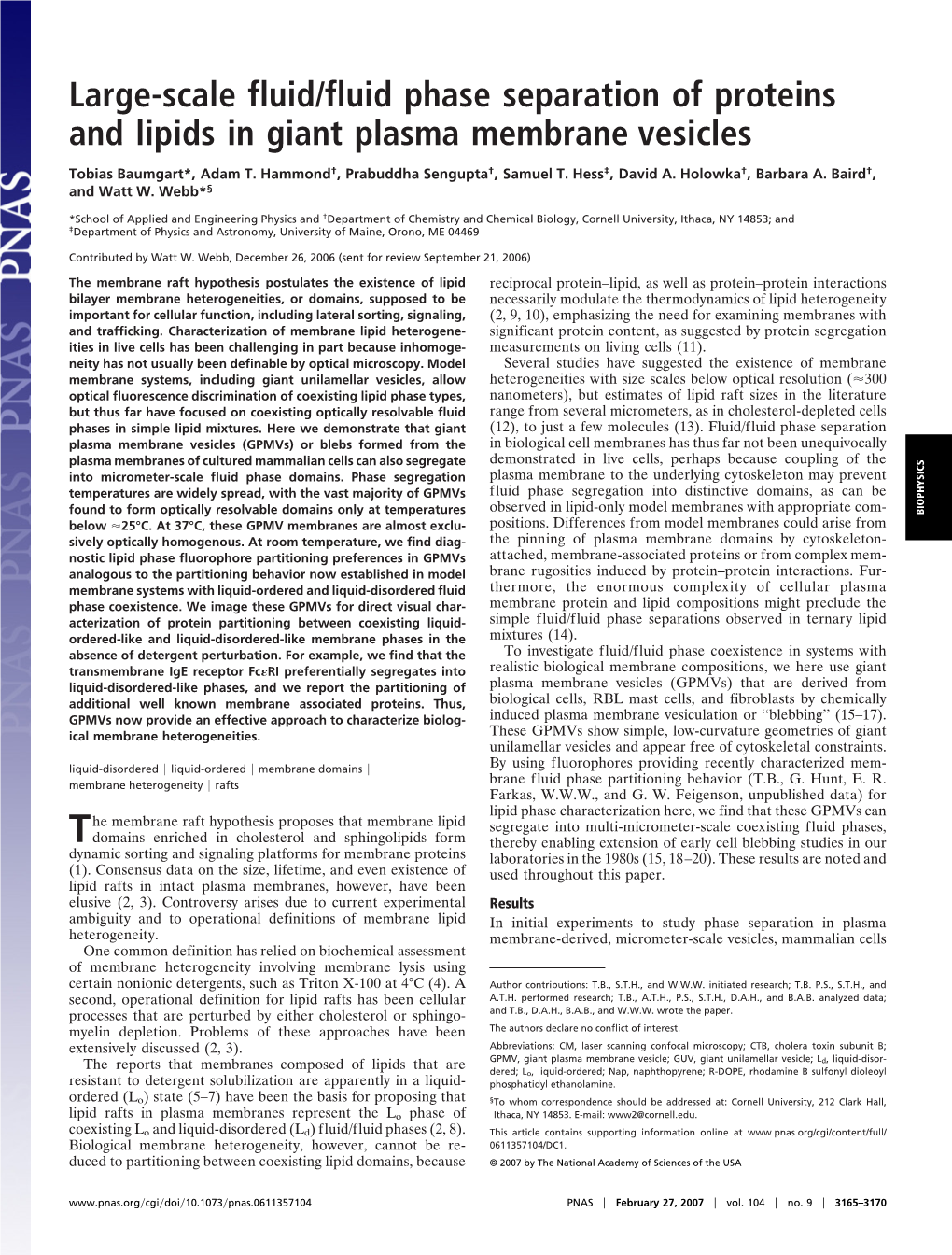 Large-Scale Fluid/Fluid Phase Separation of Proteins and Lipids in Giant Plasma Membrane Vesicles