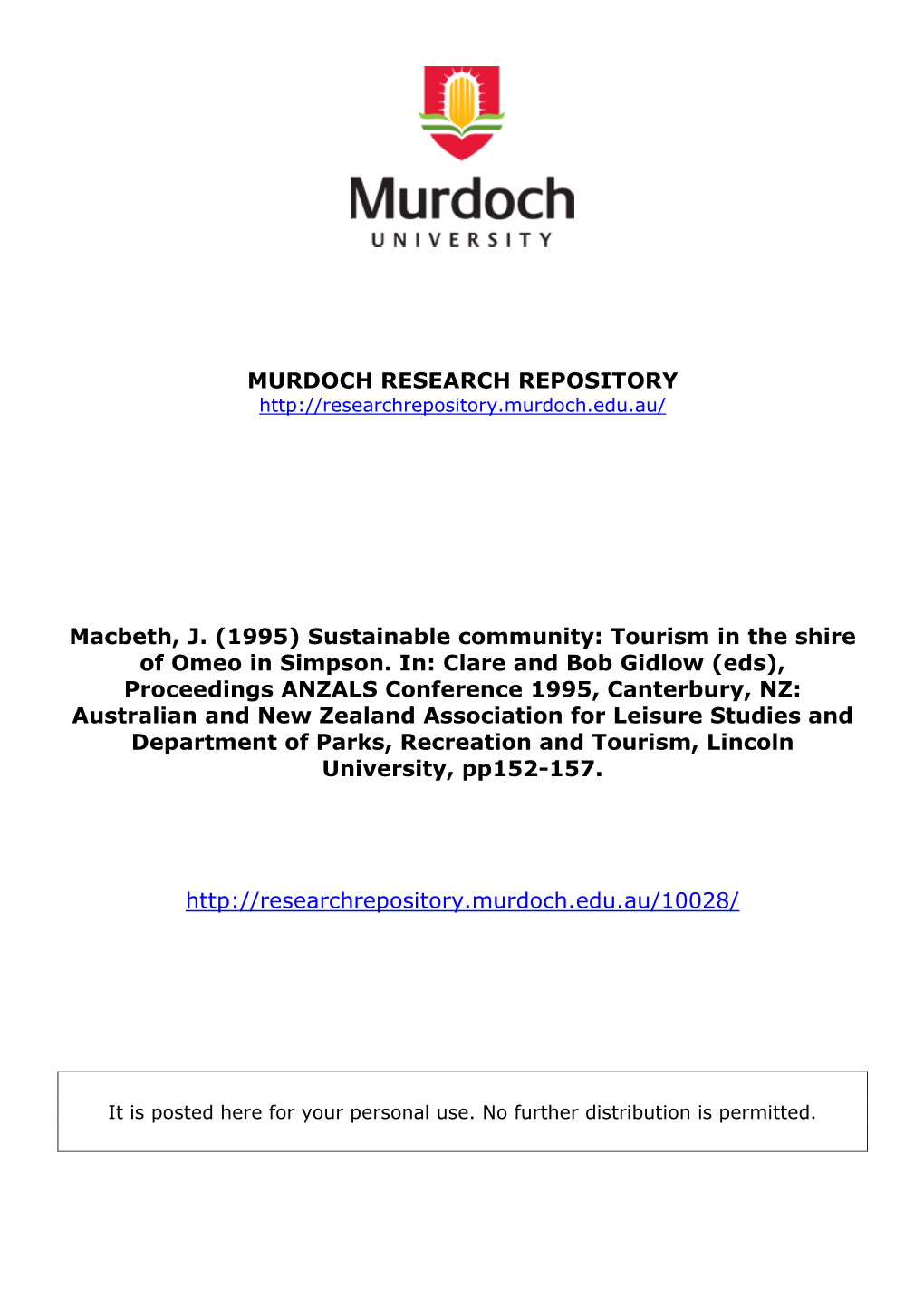 Sustainable Community: Tourism in the Shire of Omeo in Simpson