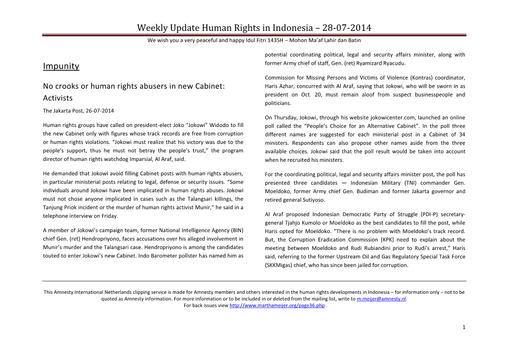 Weekly Update Human Rights in Indonesia – 28-07-2014 Impunity