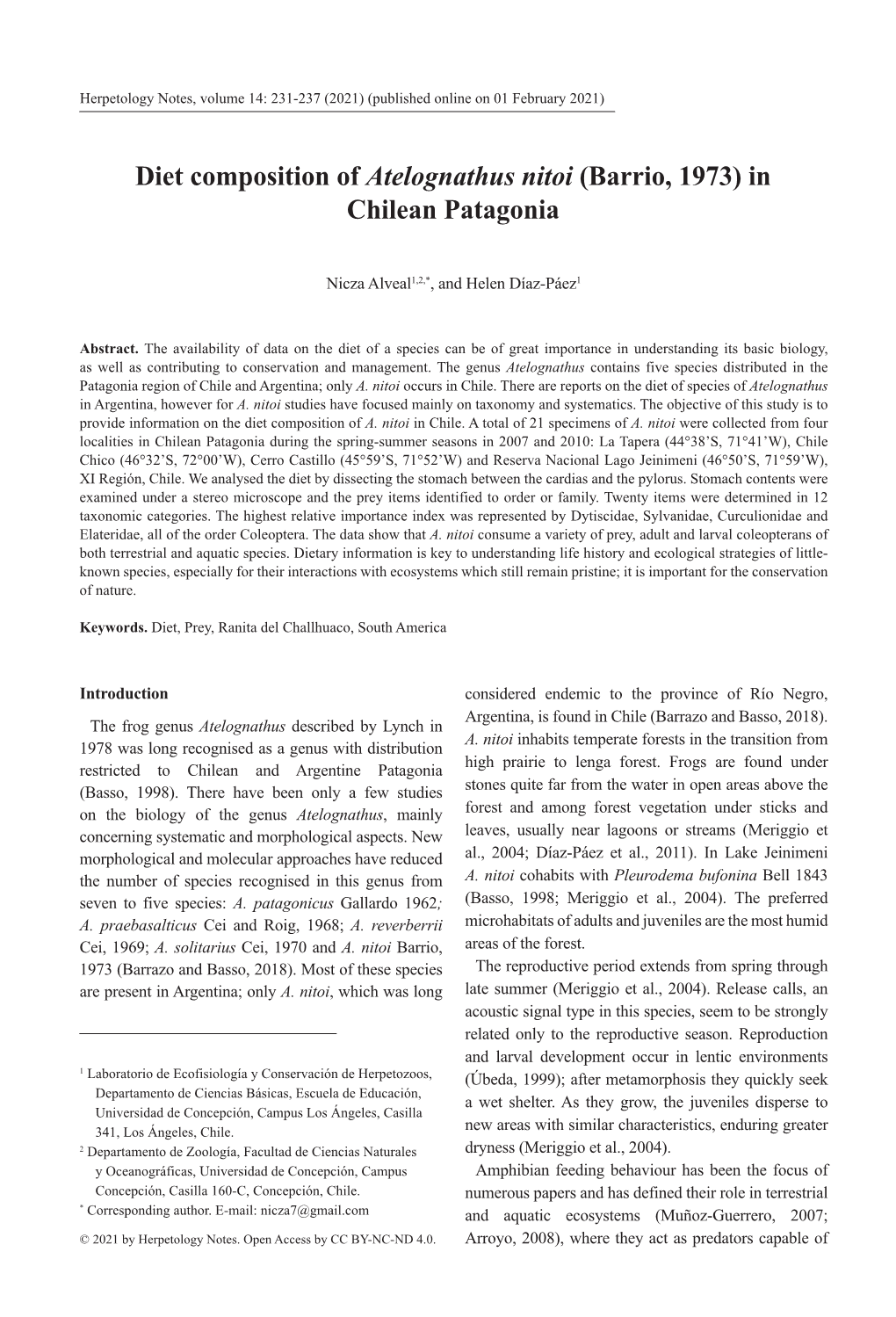 Diet Composition of Atelognathus Nitoi (Barrio, 1973) in Chilean Patagonia