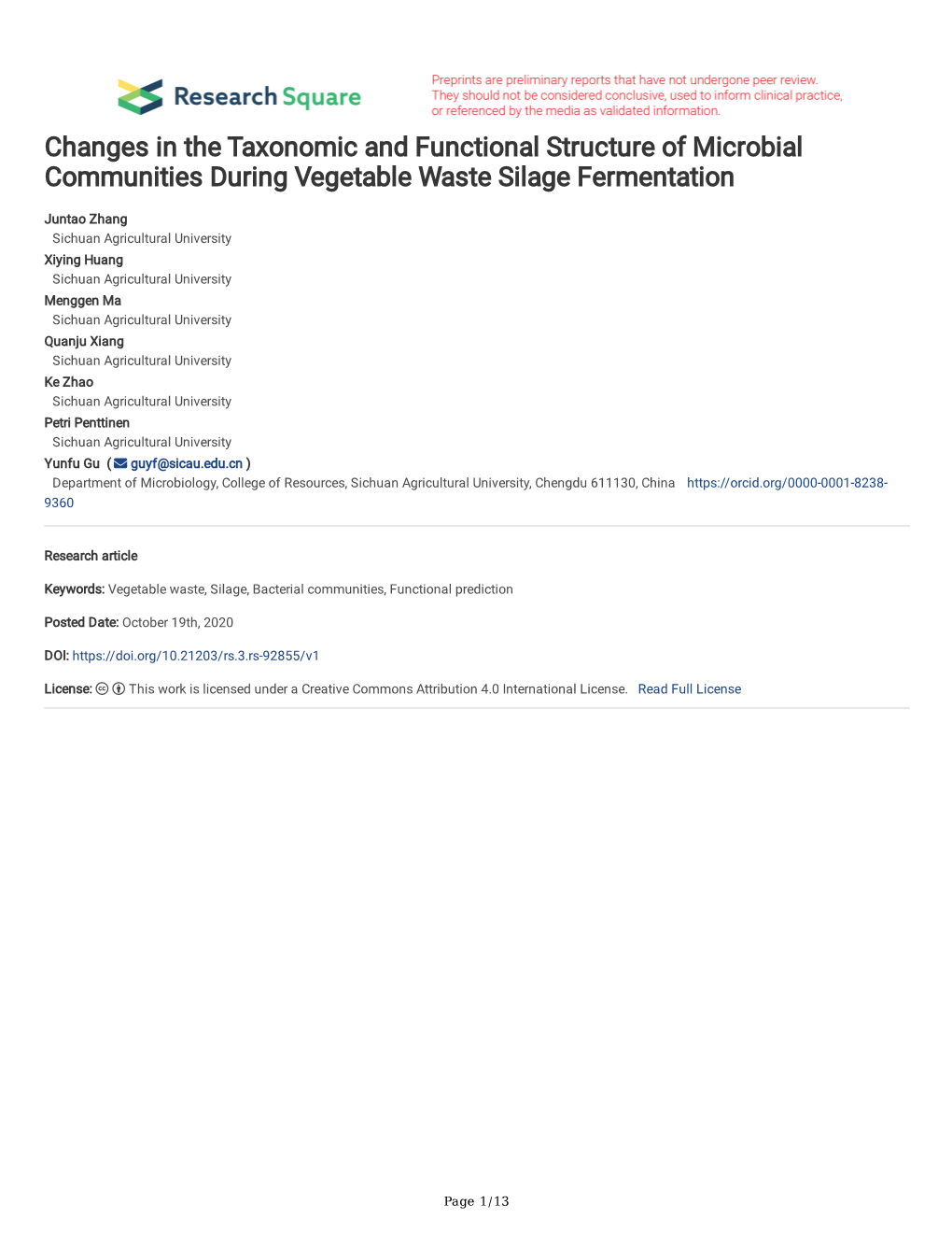 Changes in the Taxonomic and Functional Structure of Microbial Communities During Vegetable Waste Silage Fermentation