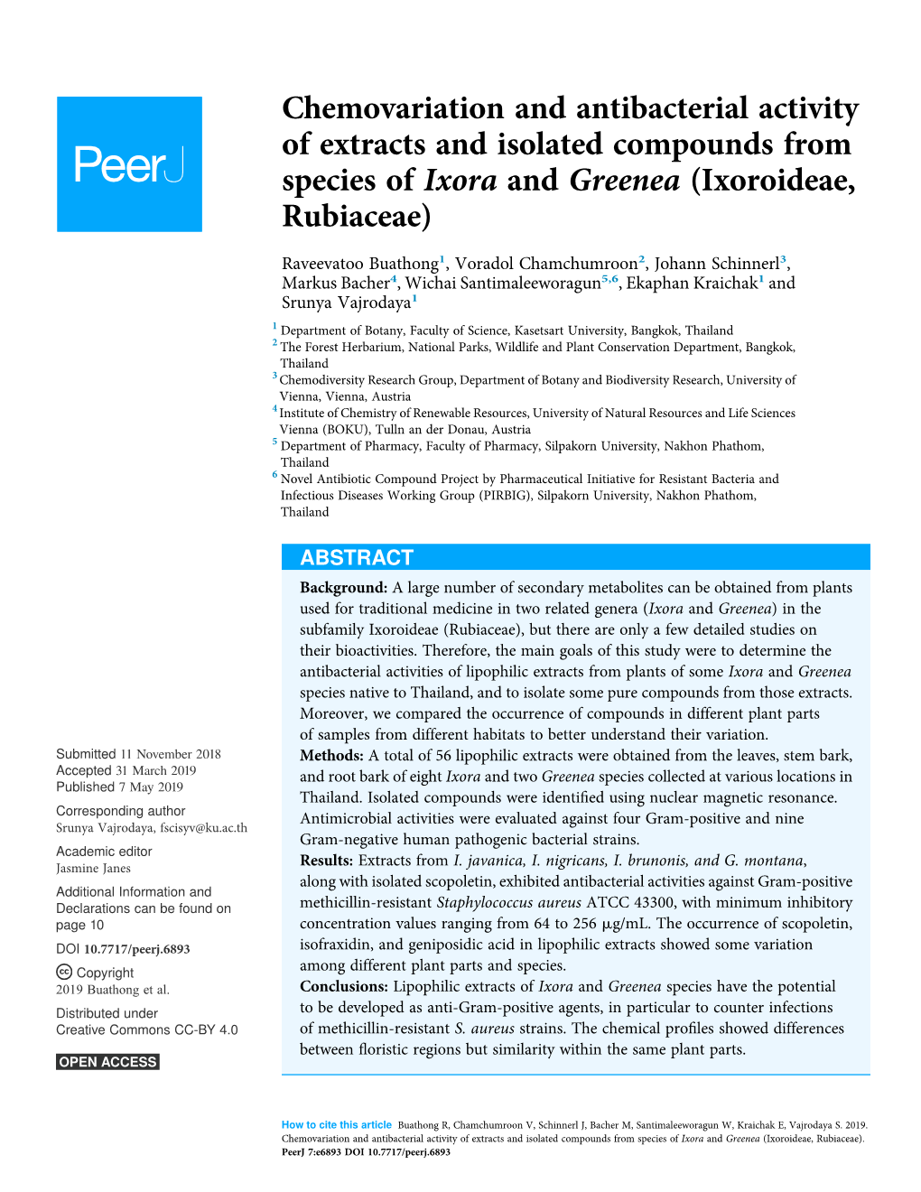 Chemovariation and Antibacterial Activity of Extracts and Isolated Compounds from Species of Ixora and Greenea (Ixoroideae, Rubiaceae)