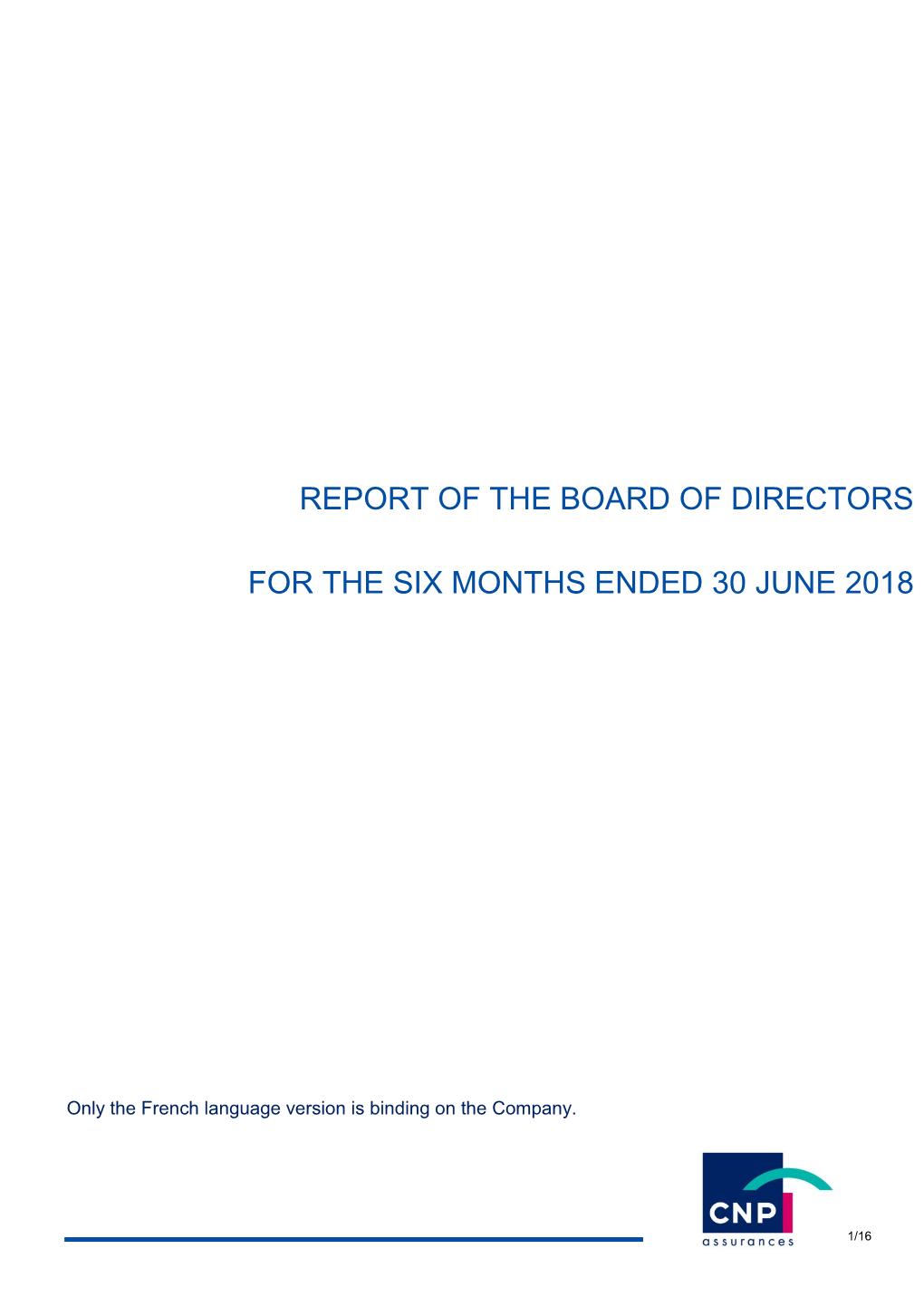 CNP Assurances Report of the Board of Directors for the Six Months Ended 30 June 2018