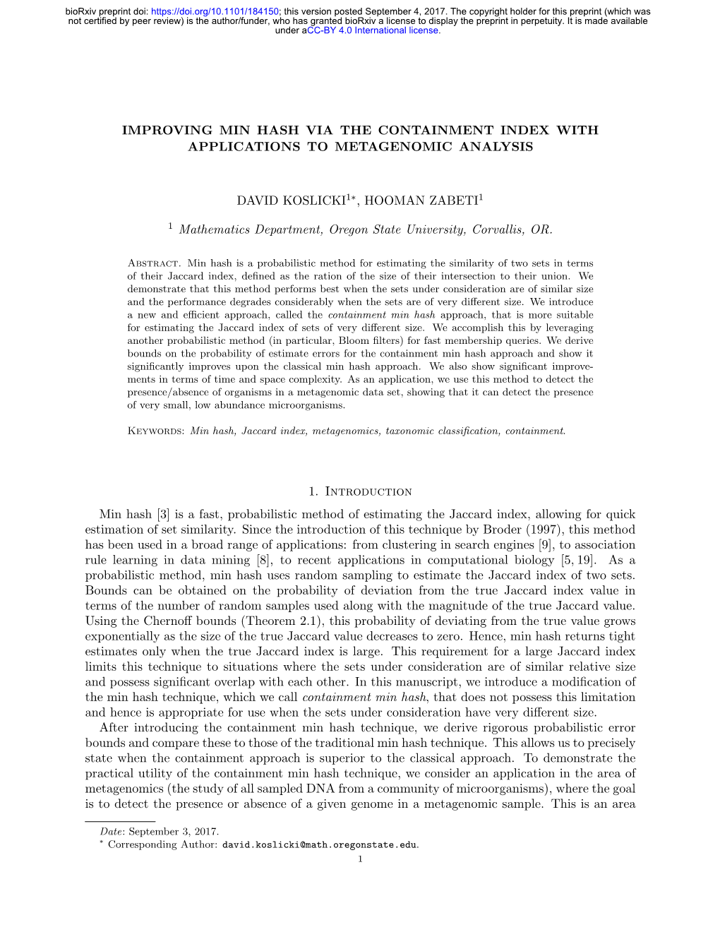 Improving Min Hash Via the Containment Index with Applications to Metagenomic Analysis