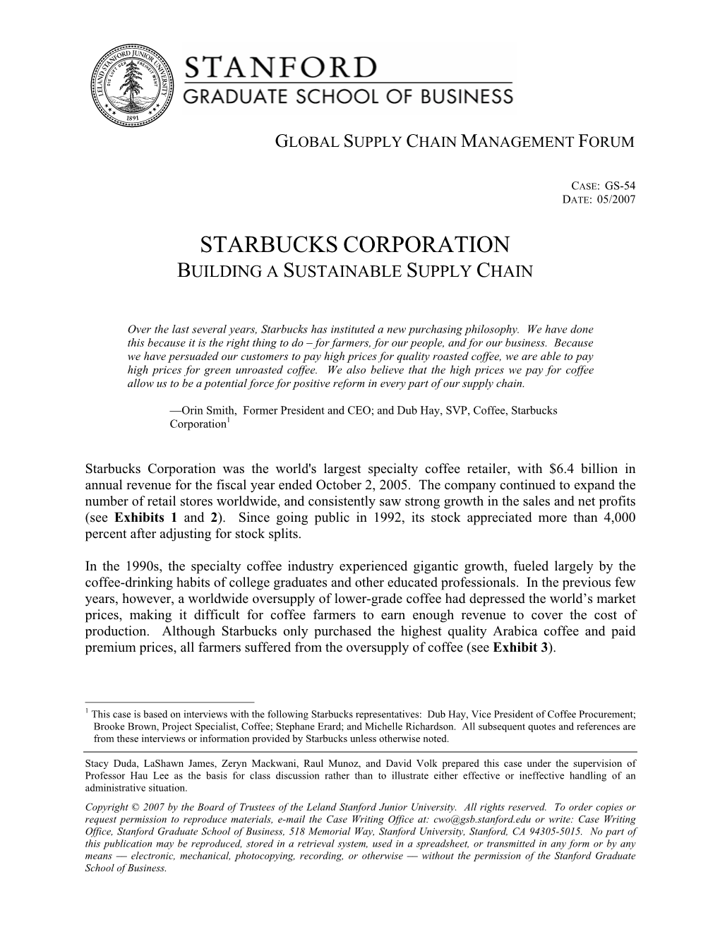Starbucks Corporation: Building a Sustainable Supply Chain GS-54 P
