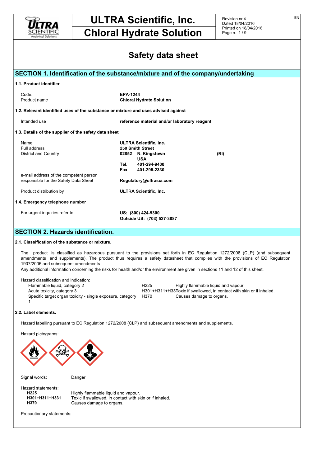 ULTRA Scientific, Inc. Chloral Hydrate Solution