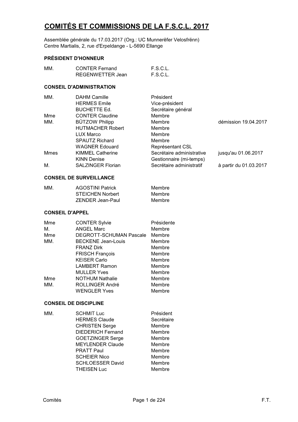 Comités Et Commissions De La F.S.C.L. 2017