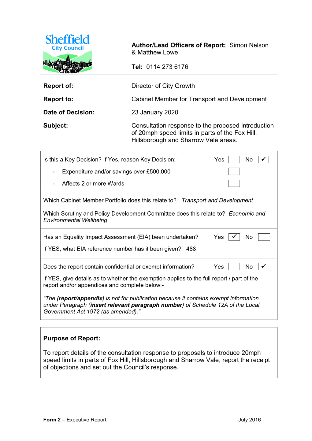 Fox Hill, Hillsborough and Sharrow Vale 20Mph Speed Limit Report