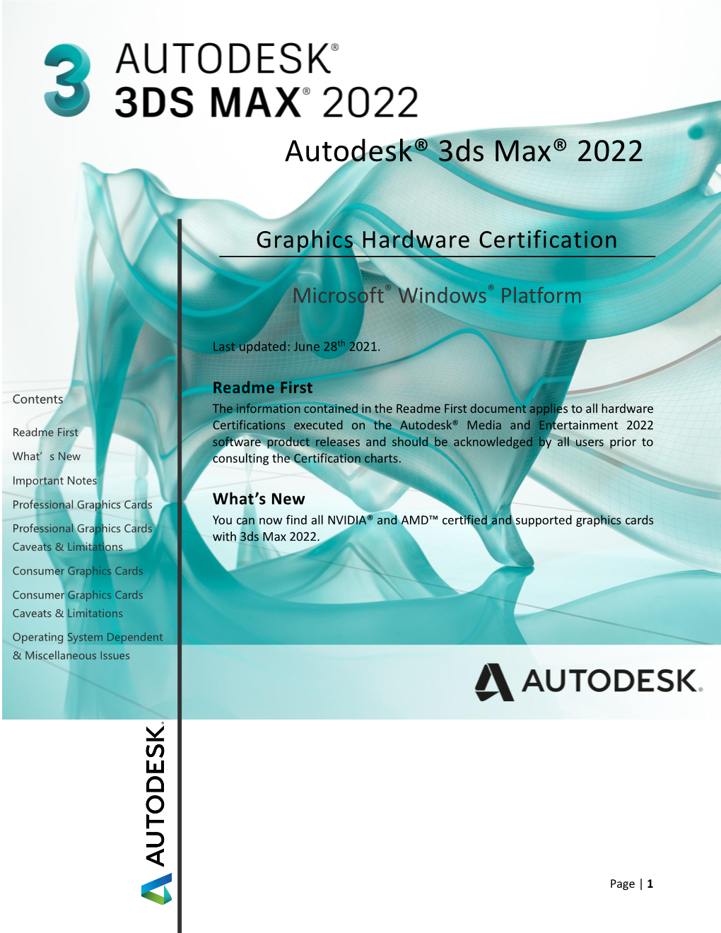 Autodesk 3Ds Max 2022 Graphic Card Certification Chart for Microsoft Windows Operating System