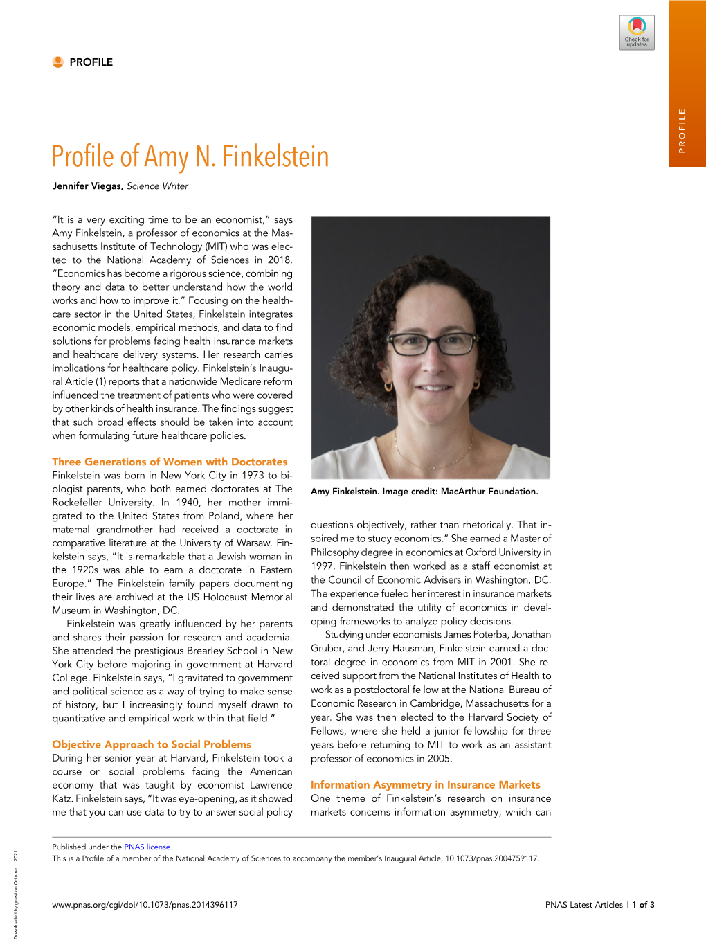Profile of Amy N. Finkelstein PROFILE