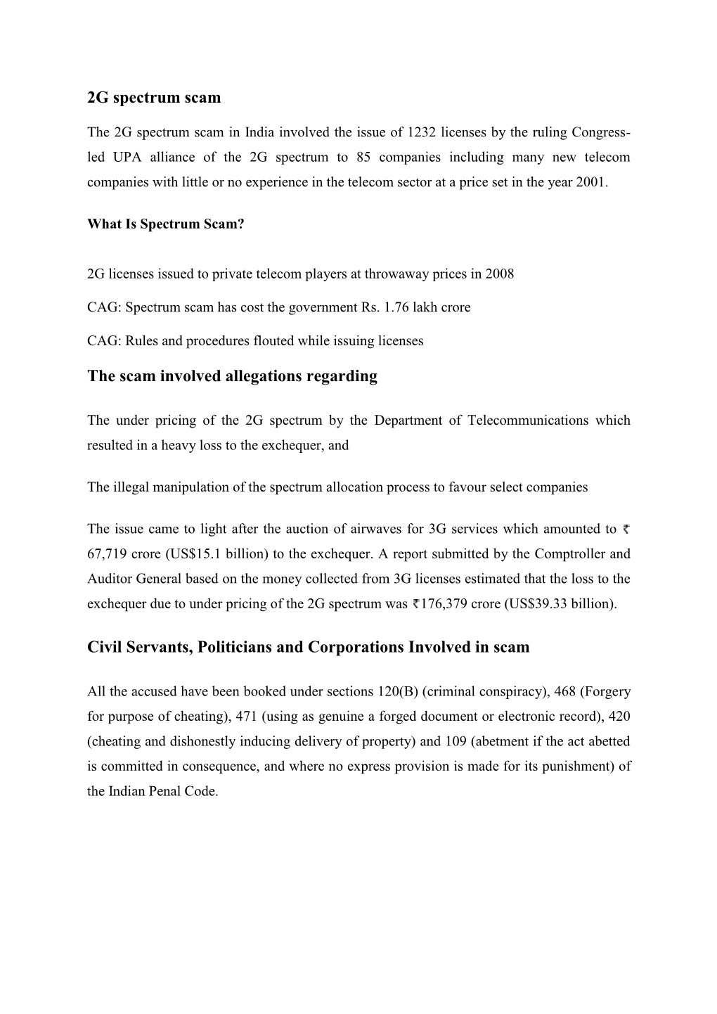 2G Spectrum Scam the Scam Involved Allegations Regarding Civil Servants