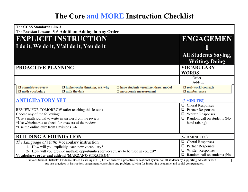 The Core and MORE Instruction Checklist