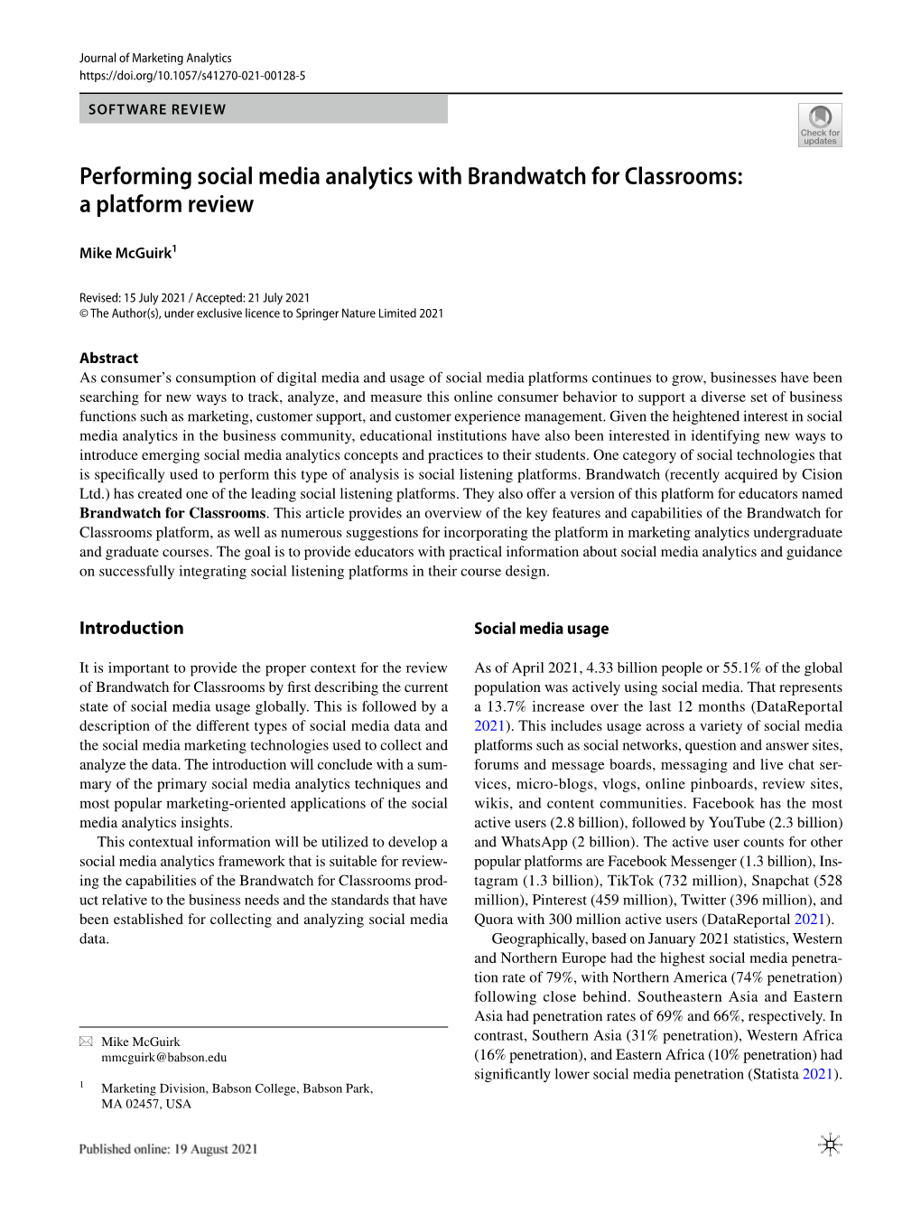 Performing Social Media Analytics with Brandwatch for Classrooms: a Platform Review