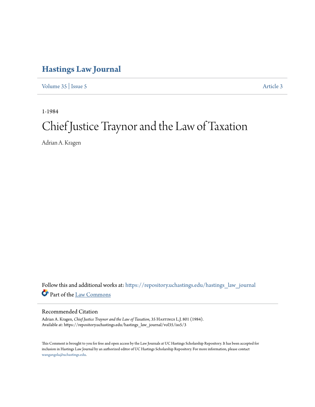 Chief Justice Traynor and the Law of Taxation Adrian A