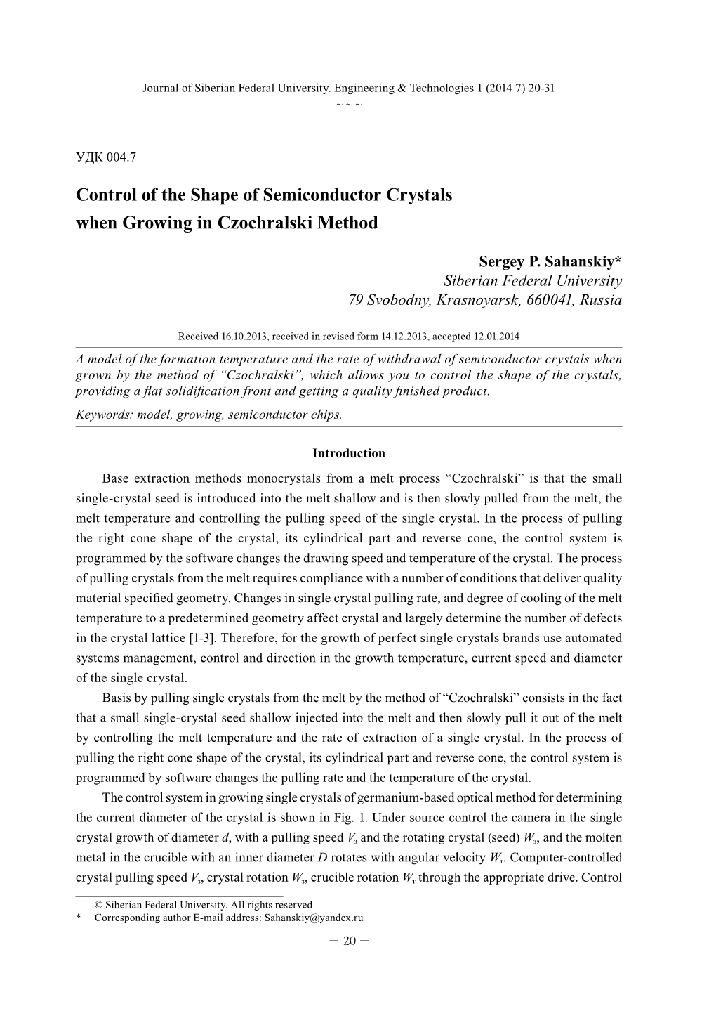 Control of the Shape of Semiconductor Crystals When Growing in Czochralski Method