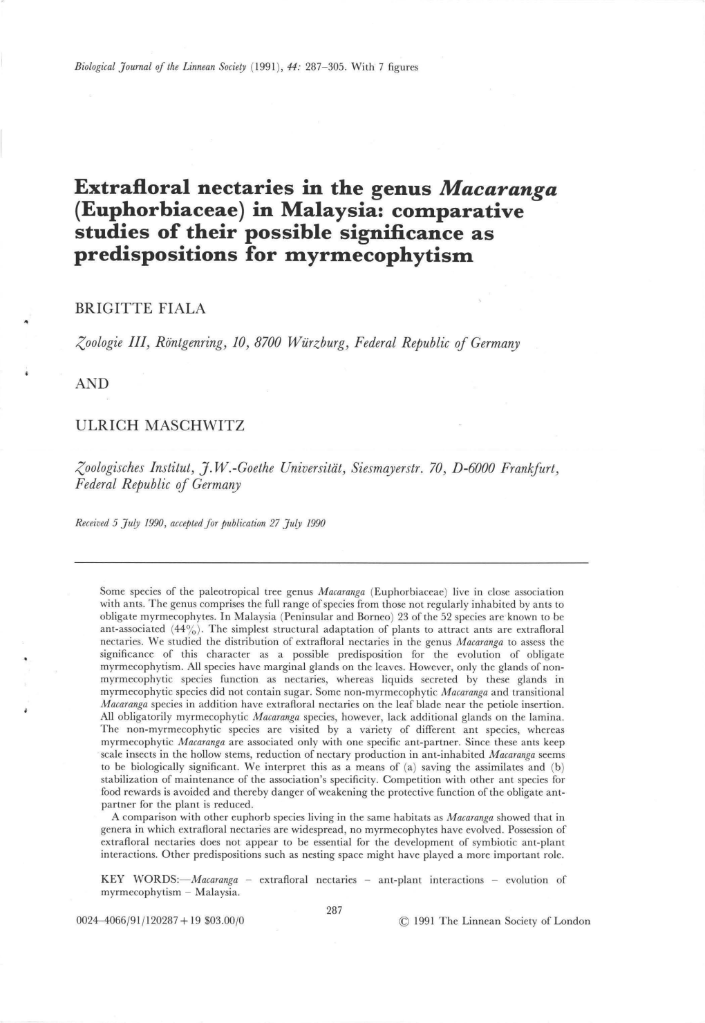Extrafloral Nectaries in the Genus Macaranga (Euphorbiaceae) in Malaysia: Colllparative Studies of Their Possible Significance A