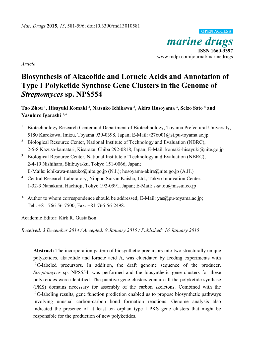 Biosynthesis of Akaeolide and Lorneic Acids and Annotation of Type I Polyketide Synthase Gene Clusters in the Genome of Streptomyces Sp. NPS554