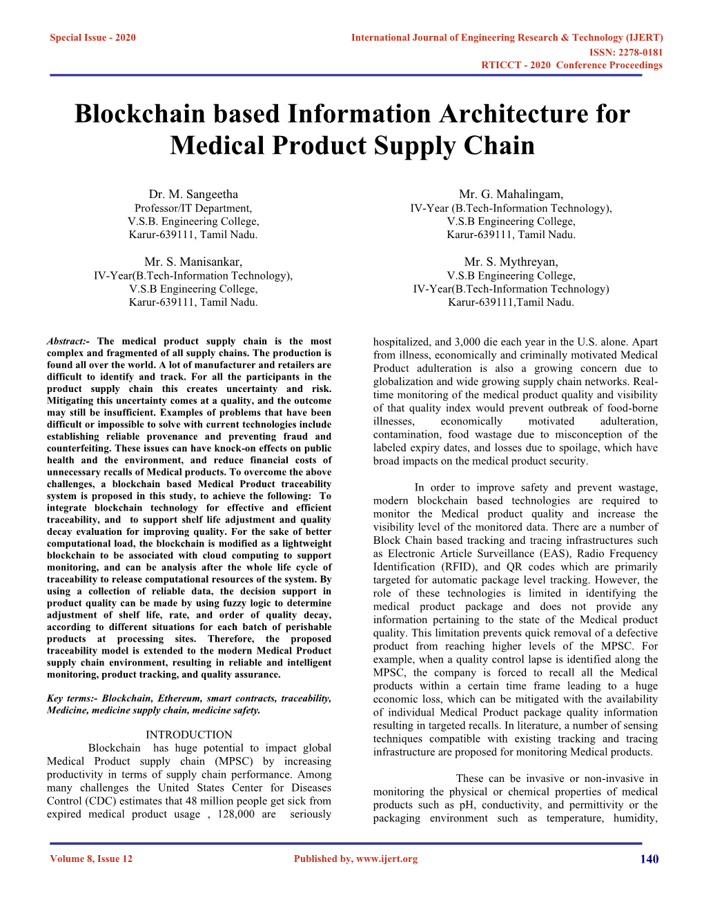 Blockchain Based Information Architecture for Medical Product Supply Chain