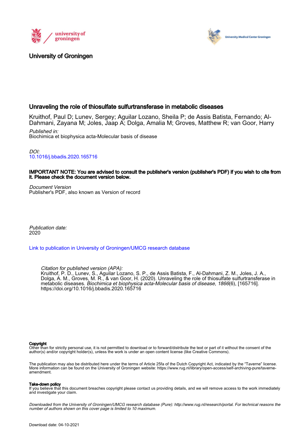 Unraveling the Role of Thiosulfate Sulfurtransferase in Metabolic