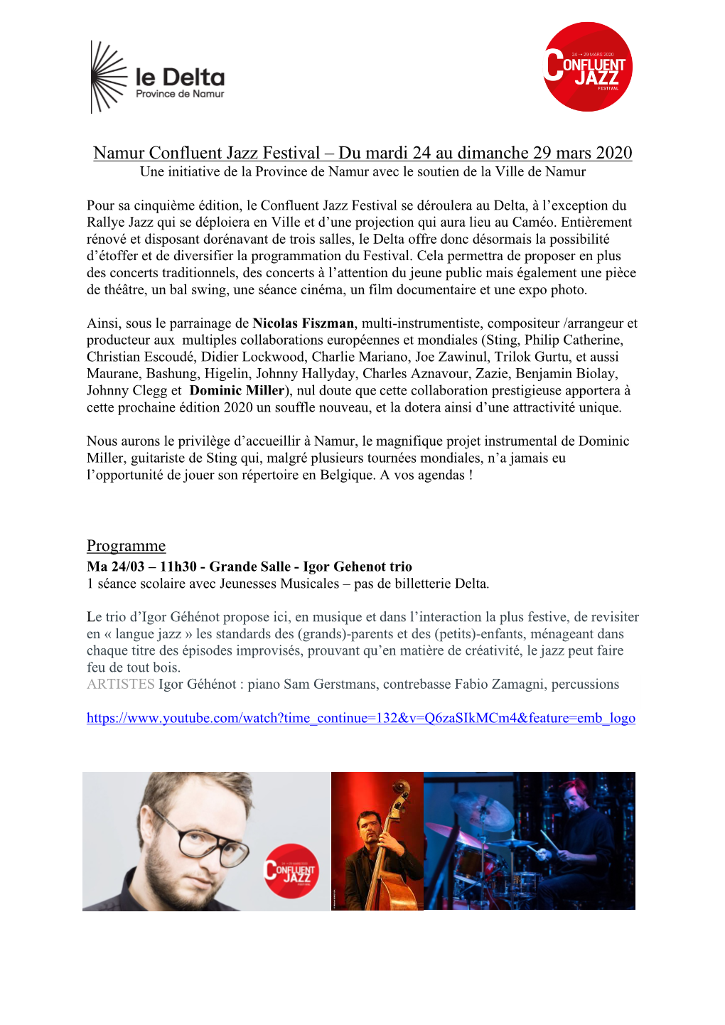 Namur Confluent Jazz Festival – Du Mardi 24 Au Dimanche 29 Mars 2020 Une Initiative De La Province De Namur Avec Le Soutien De La Ville De Namur