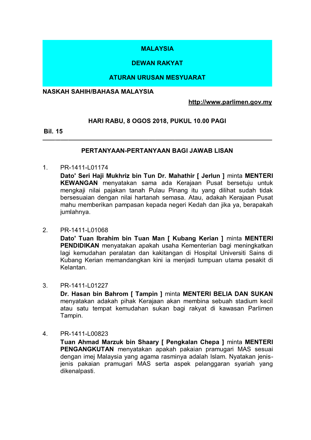 Malaysia Dewan Rakyat Aturan Urusan Mesyuarat