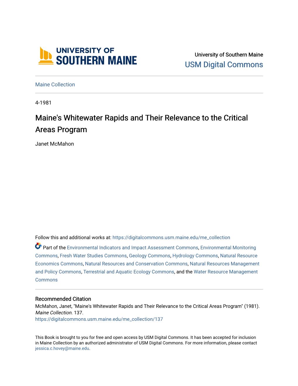 Maine's Whitewater Rapids and Their Relevance to the Critical Areas Program