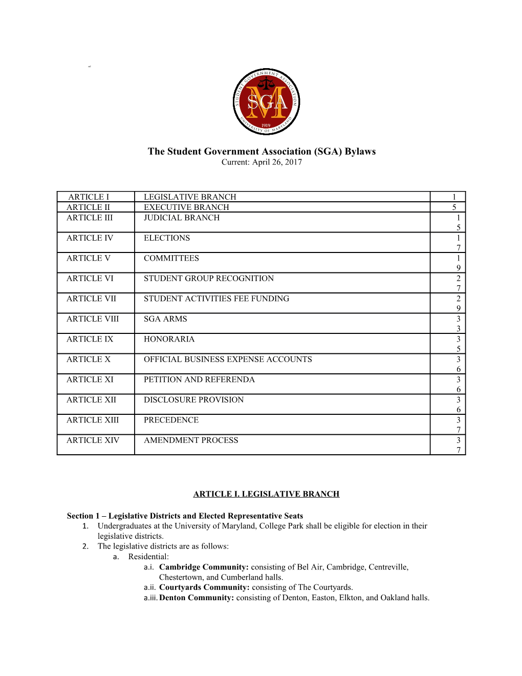 The Student Government Association (SGA) Bylaws