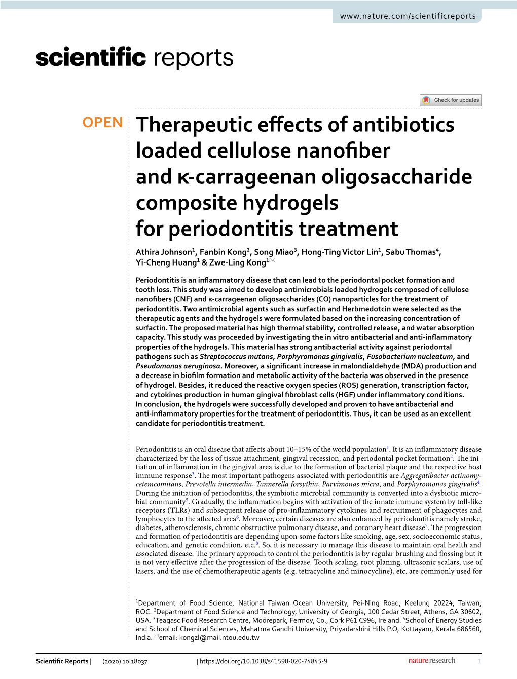 Therapeutic Effects of Antibiotics Loaded Cellulose Nanofiber and Κ-Carrageenan Oligosaccharide Composite Hydrogels for Periodo
