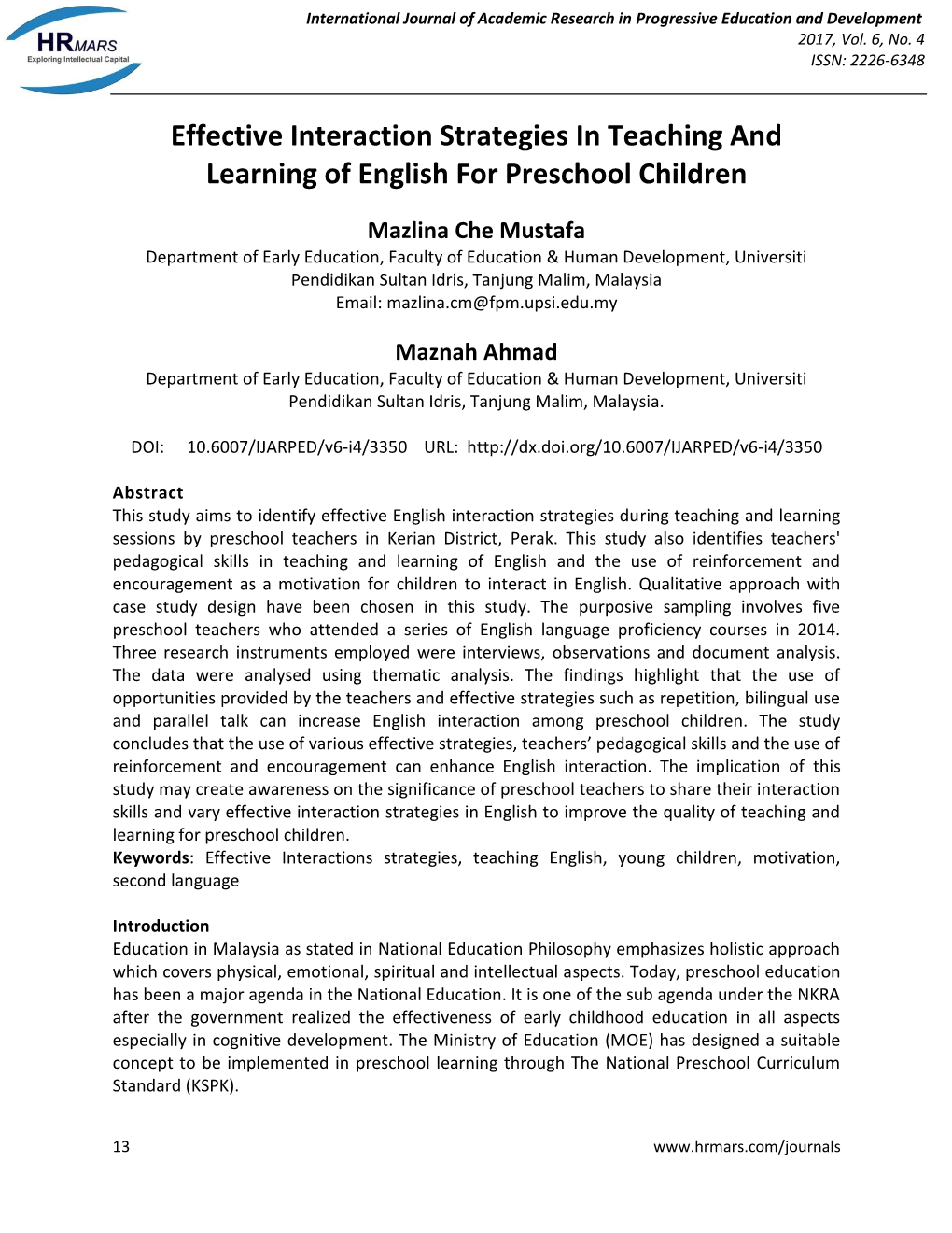 Effective Interaction Strategies in Teaching and Learning of English for Preschool Children