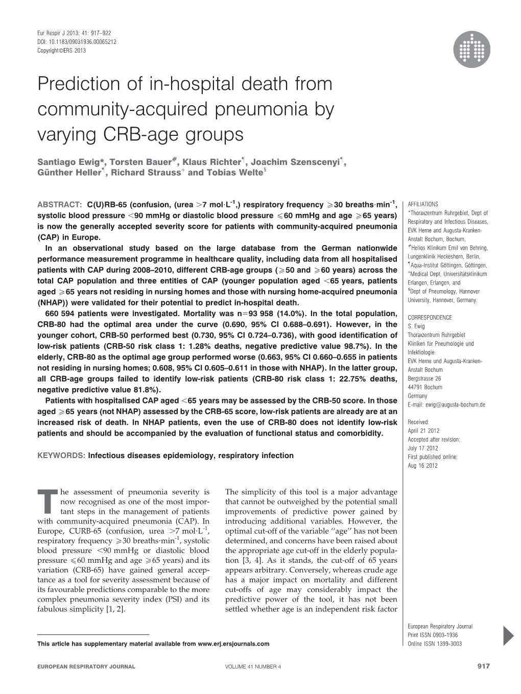 Prediction of In-Hospital Death from Community-Acquired Pneumonia by Varying CRB-Age Groups