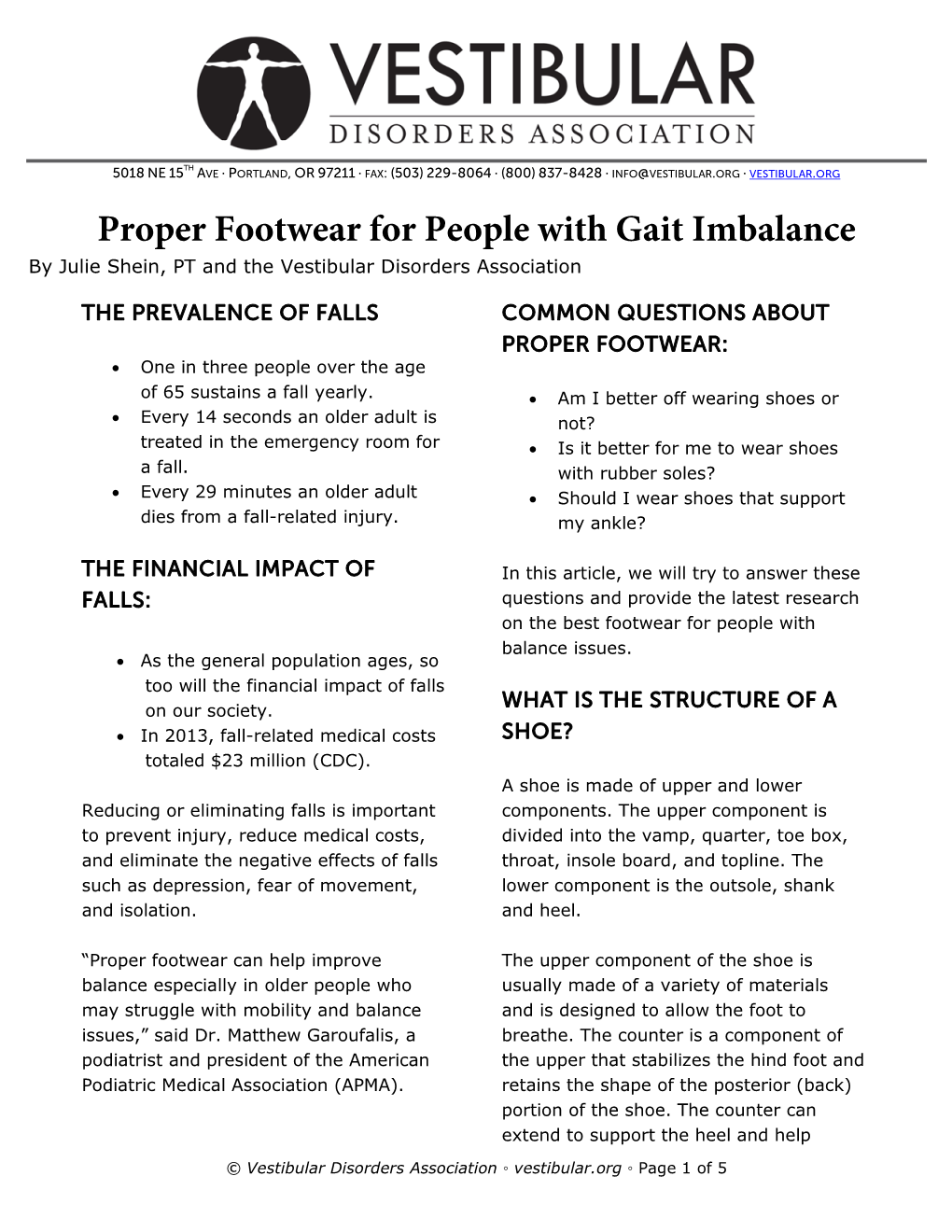 Proper Footwear for People with Gait Imbalance by Julie Shein, PT and the Vestibular Disorders Association